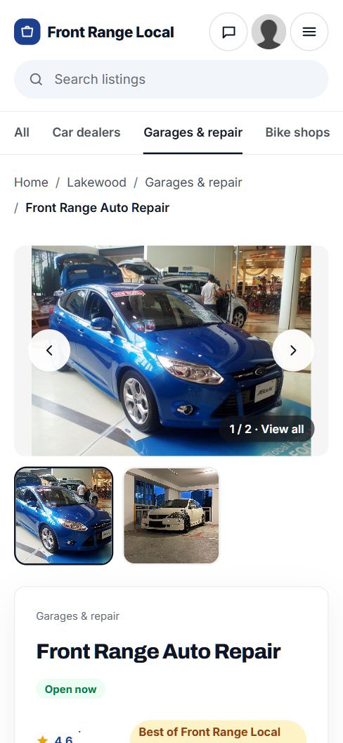 The same listing on a phone: Open now, rating and award