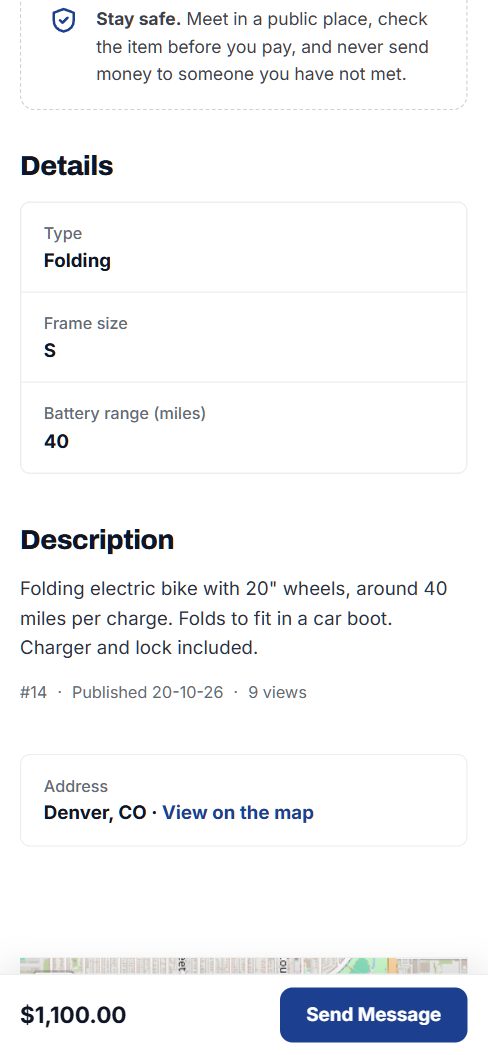 The details of a folding e-bike on a phone: type, frame size, battery range