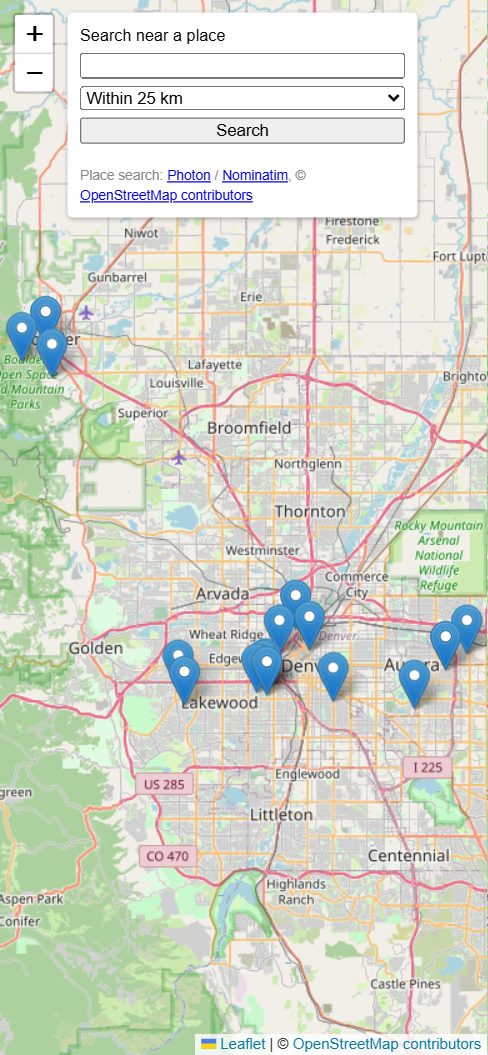 Map search on a phone, with pins around Denver