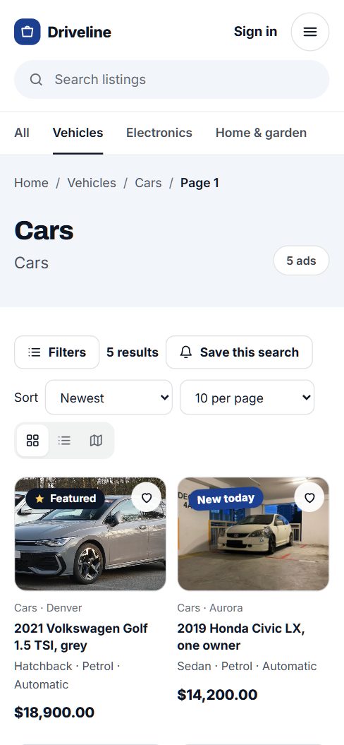 Car search results on a phone, with Filters and Save this search