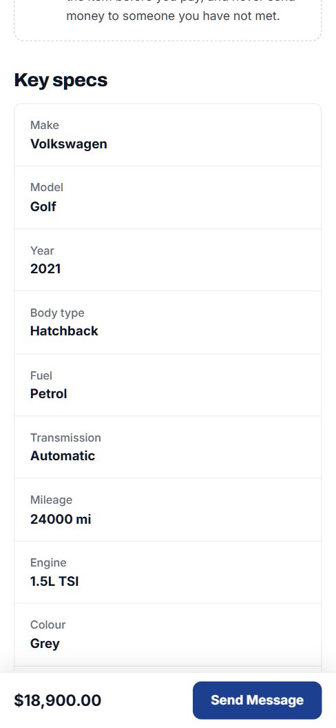 Key specs of a car on a phone