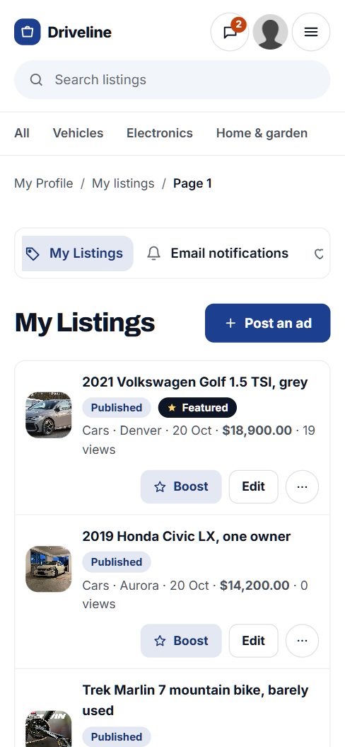 My listings on a phone, with views and Boost