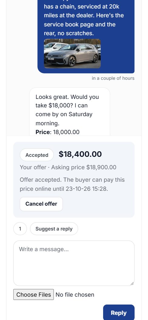 A conversation on a phone: a photo, an accepted offer of $18,400 and Suggest a reply