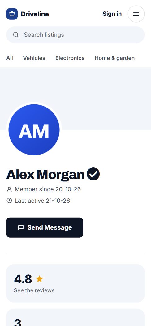 A seller's public profile on a phone: verified, rated 4.8
