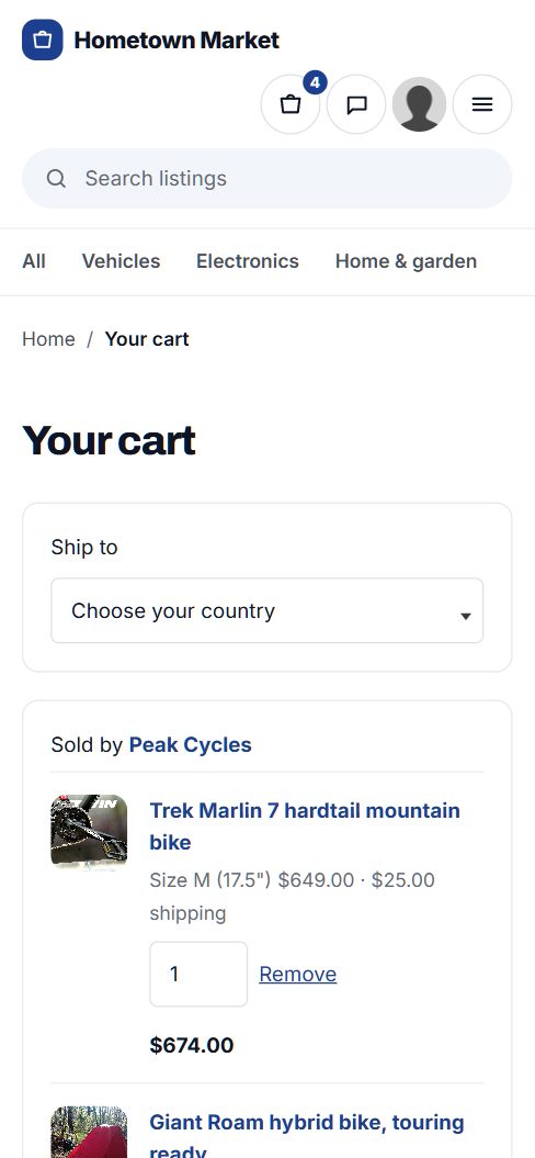 The cart on a phone, with items from two sellers