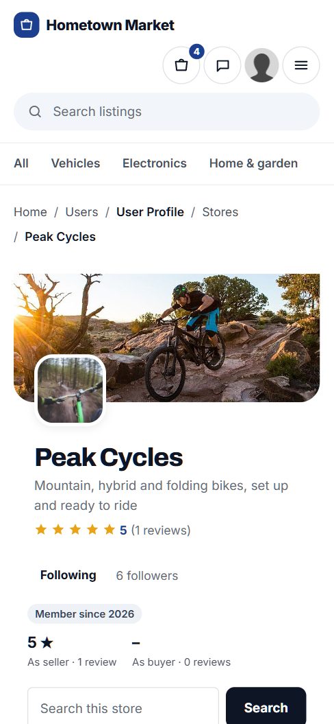 Peak Cycles' storefront on a phone