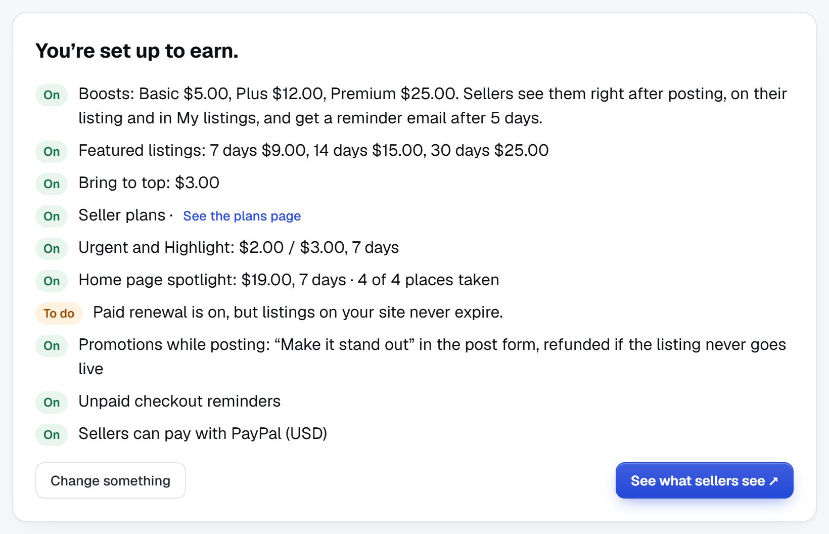 The summary after saving: You're set up to earn