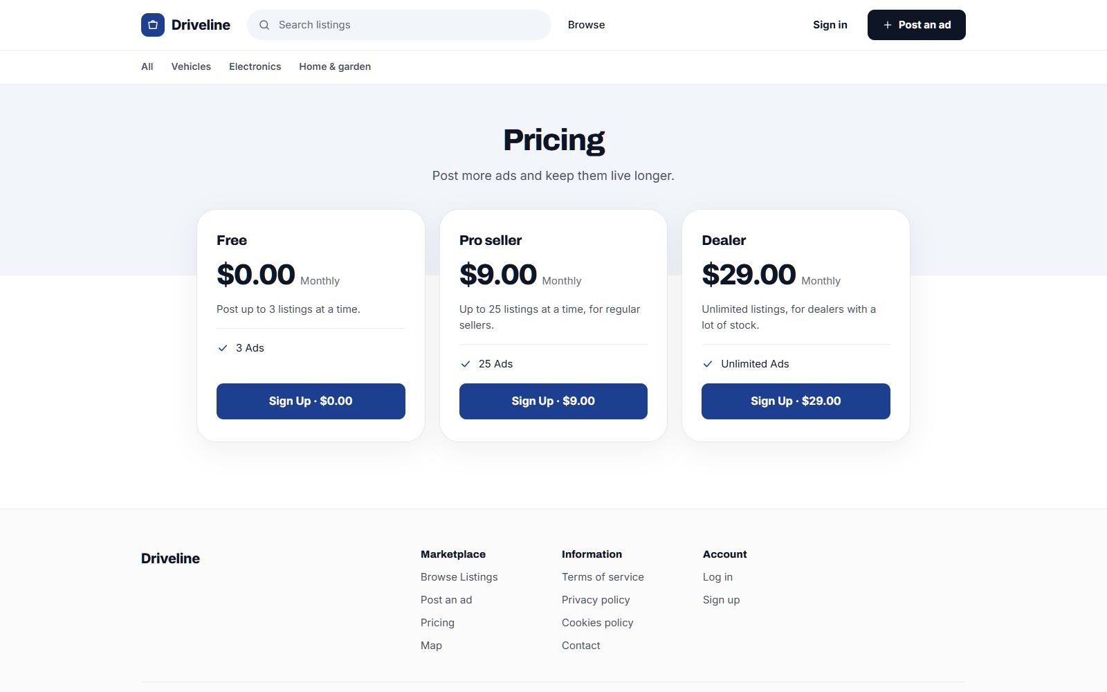 The site's own pricing page: Free, Pro seller $9 and Dealer $29 a month