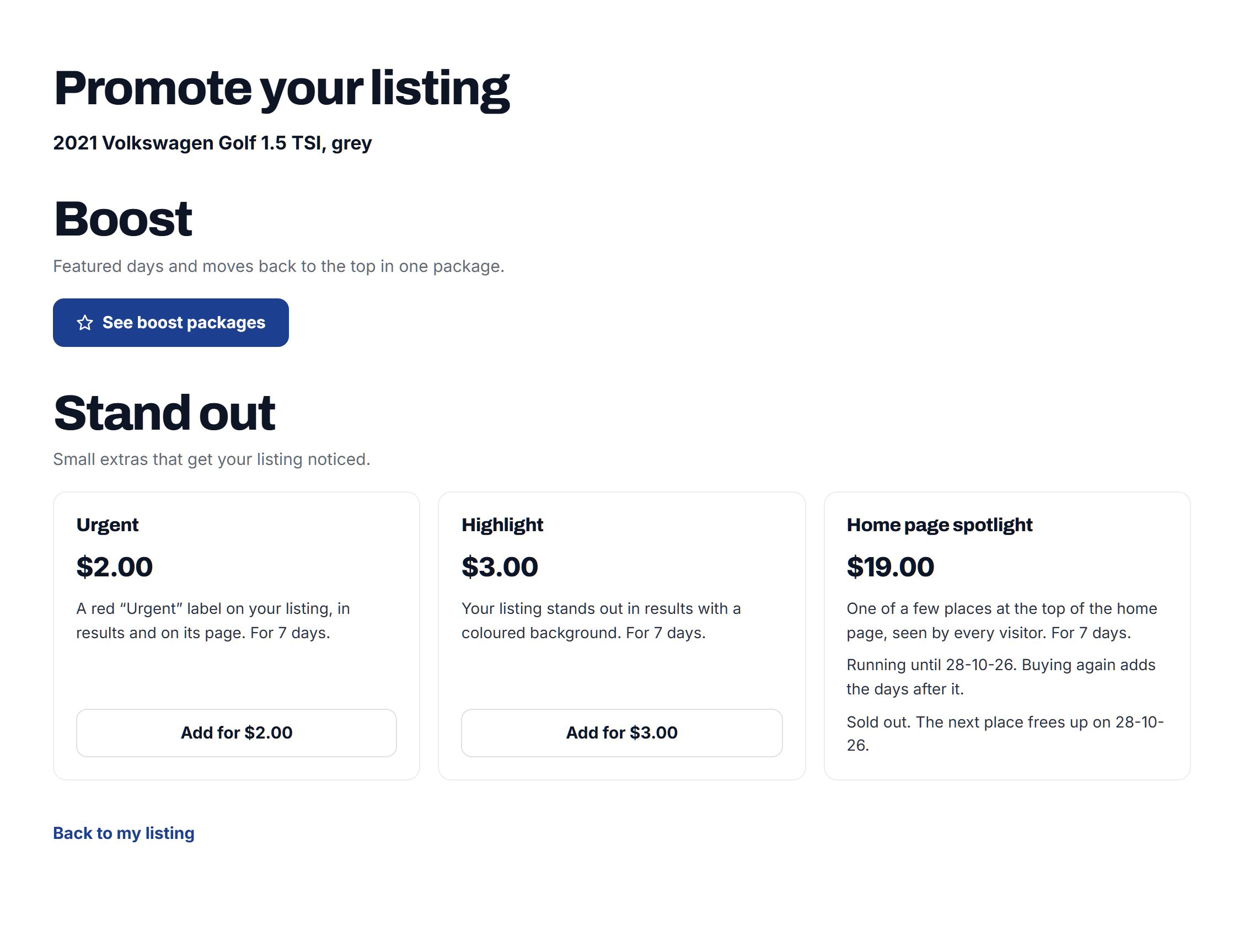 Promote your listing: Boost, and Stand out with Urgent, Highlight and Home page spotlight