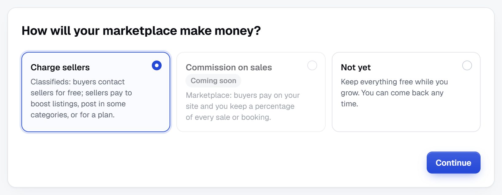 Step 1 of the Make money wizard: how will your marketplace make money?