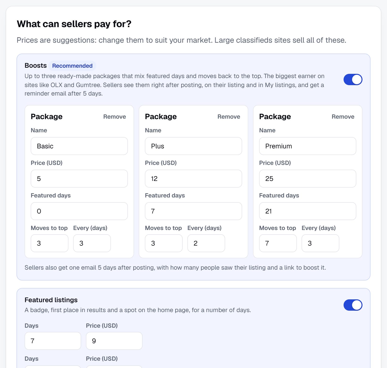 Step 2: boost packages, featured listings, bring to top, pay to post and seller plans