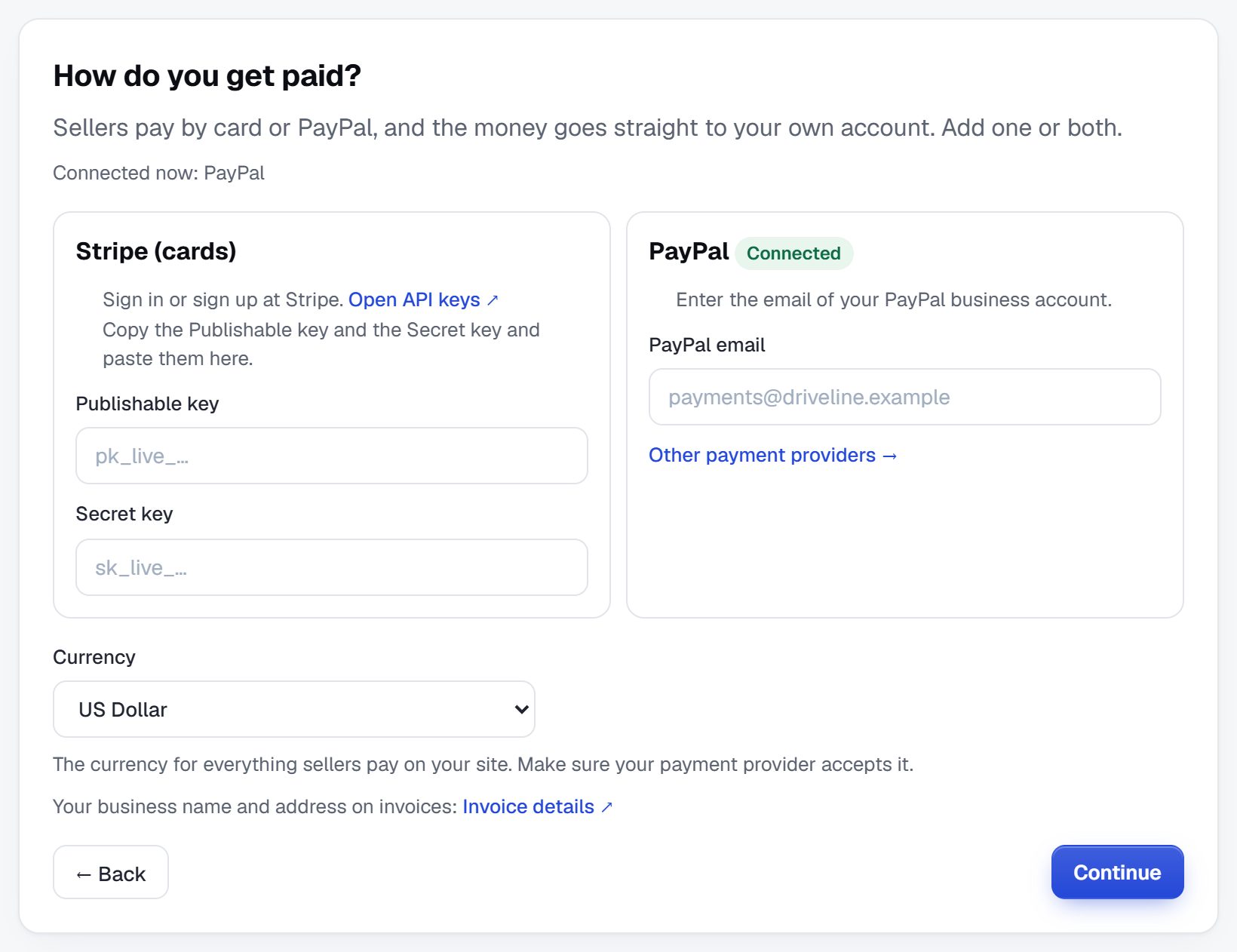Step 3: Stripe and PayPal, and the currency