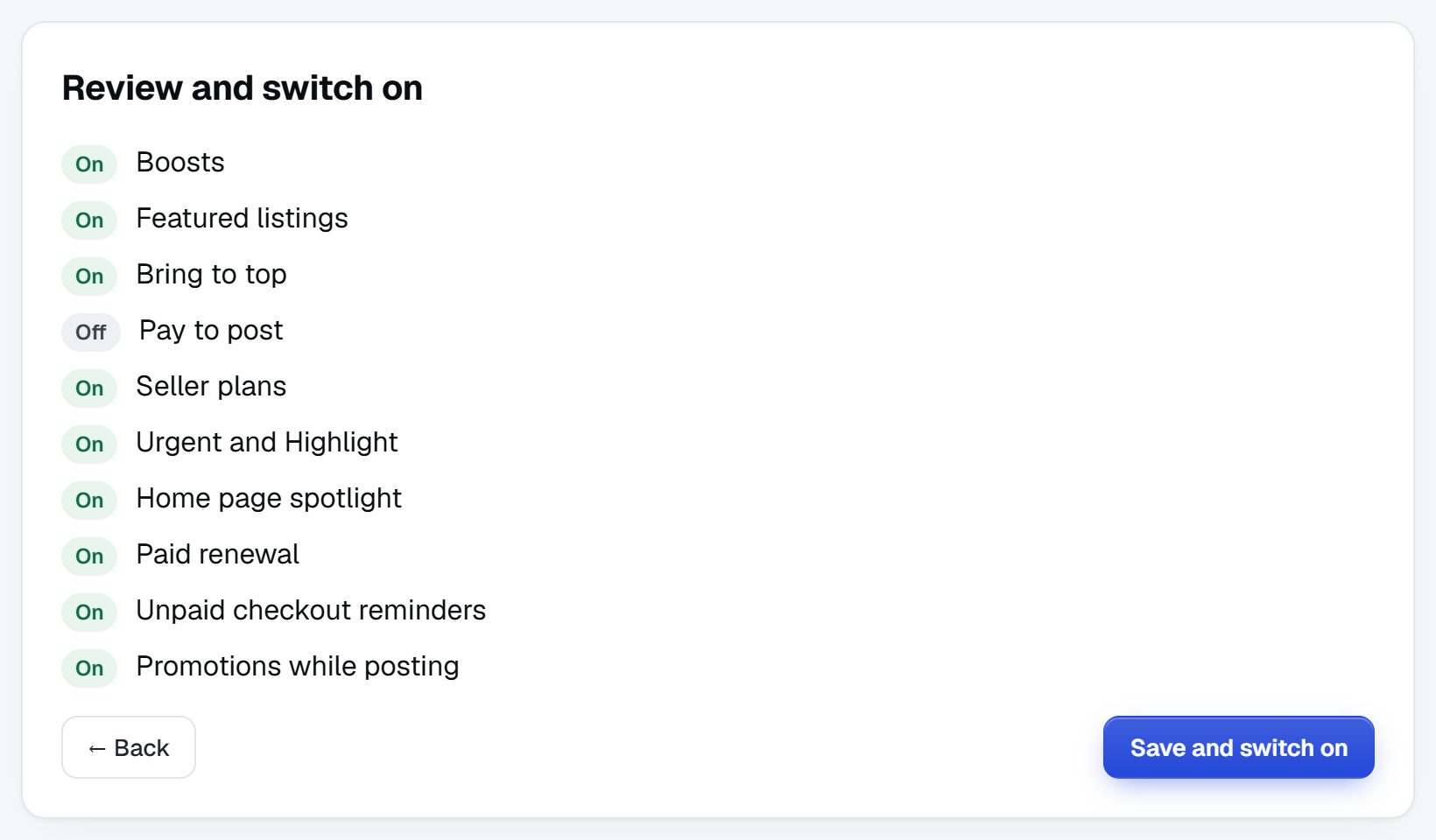 Step 4: review and switch on