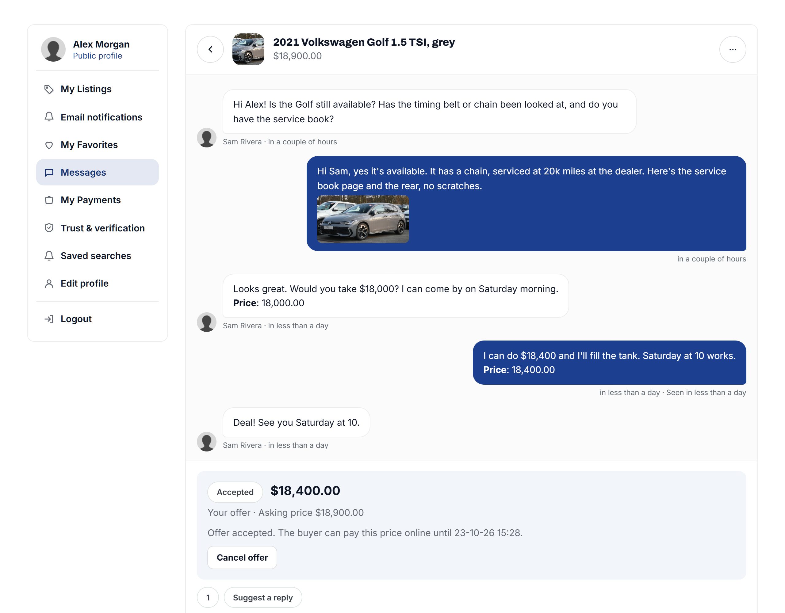 A conversation about a Golf: questions, a photo, an offer of $18,000, a counter of $18,400, accepted