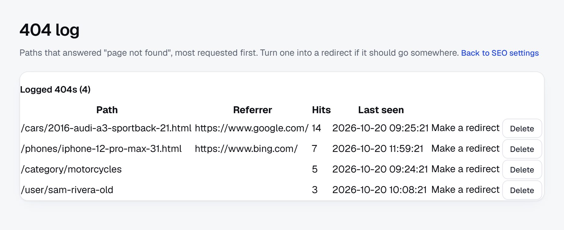 The 404 log: addresses visitors couldn't find, with referrers, hits and a Make a redirect link