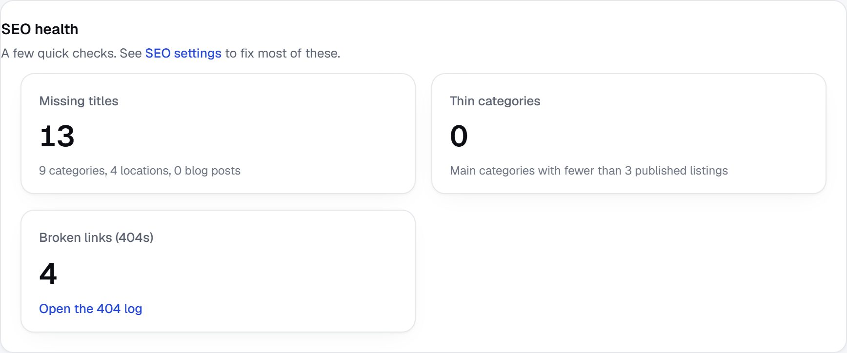 The SEO health check in the admin