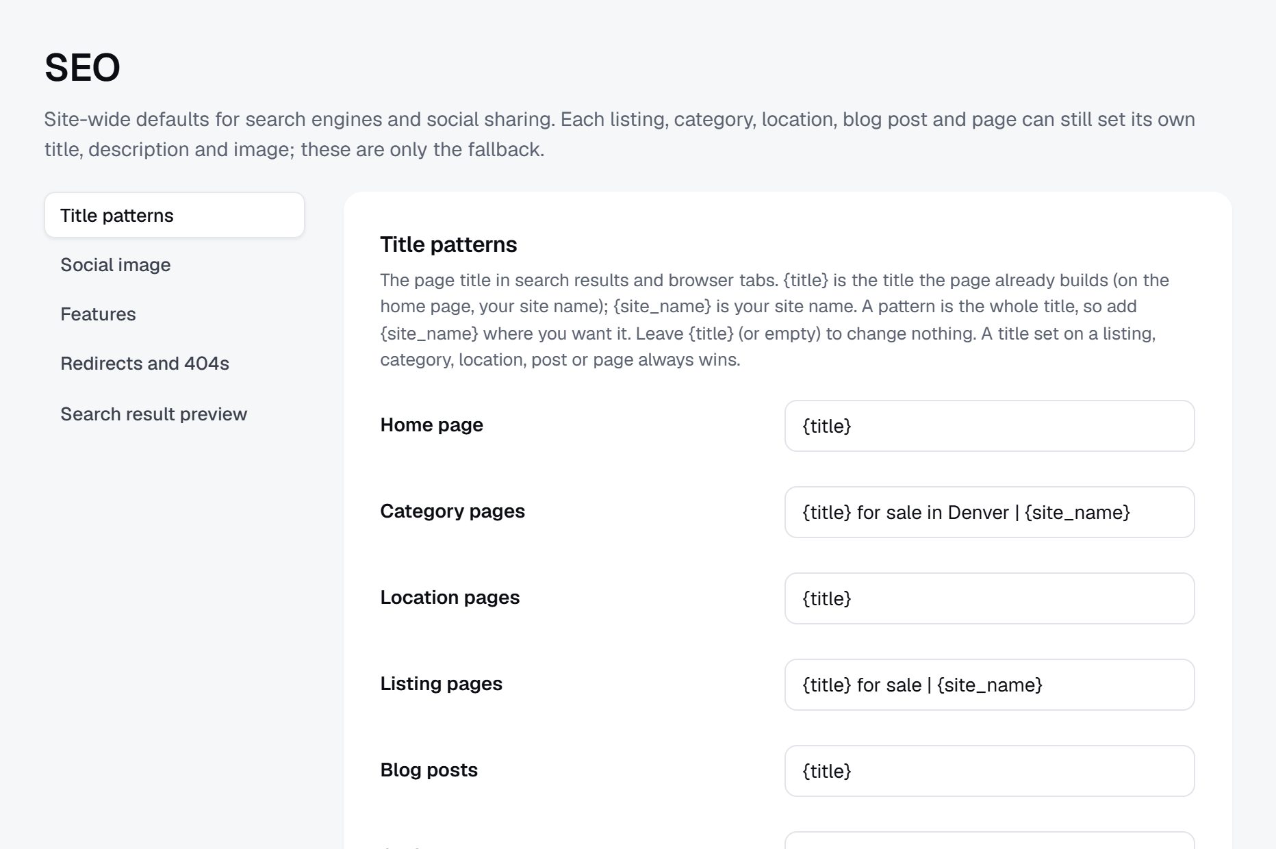 Title patterns in the SEO settings