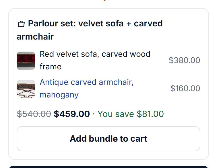 Parlour set: a velvet sofa and an armchair, $540 struck through, $459, you save $81, Add bundle to cart