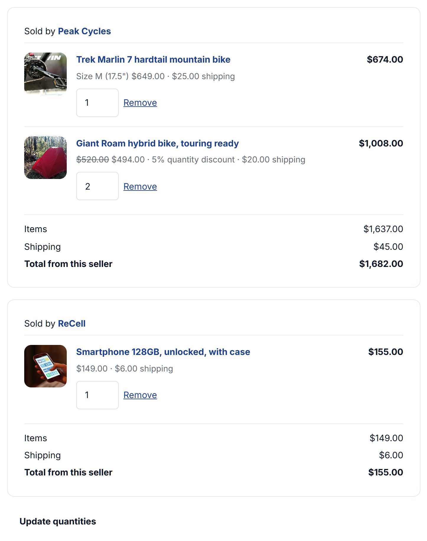 The cart: a Peak Cycles group with a bike in size M and two hybrid bikes with a quantity discount, and a ReCell group with a phone at its sale price