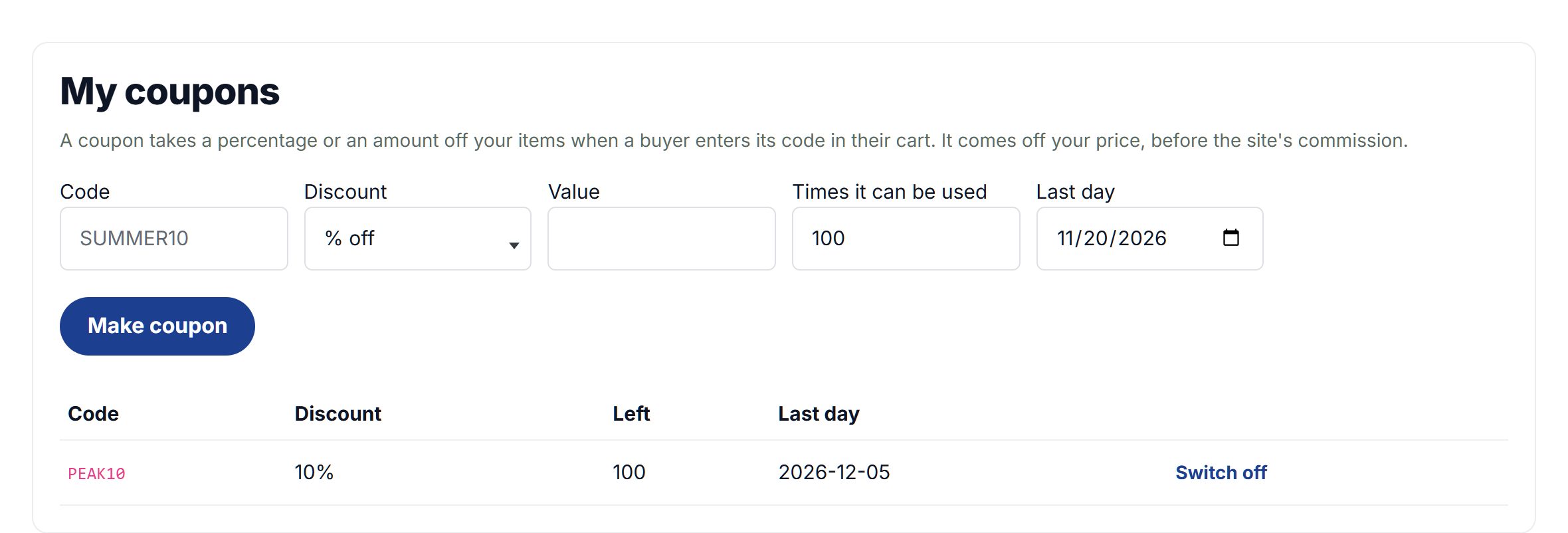 My coupons: PEAK10, 10% off, with uses left and the last day
