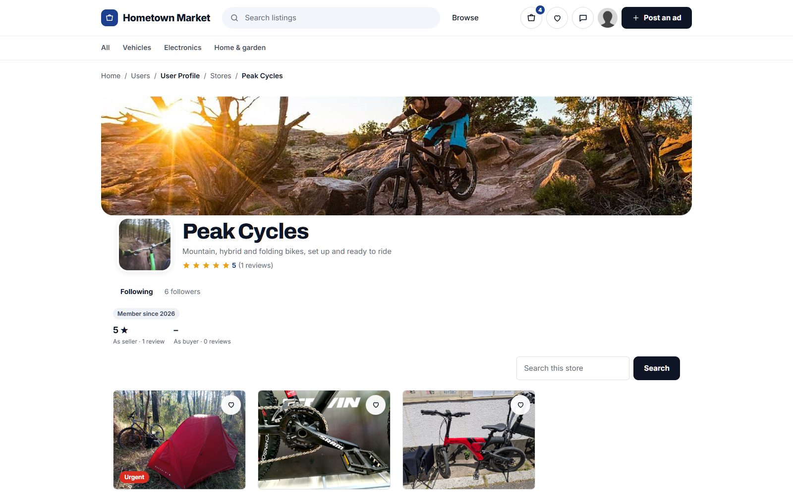 A seller's storefront: banner, logo, rating, followers and the store's own search