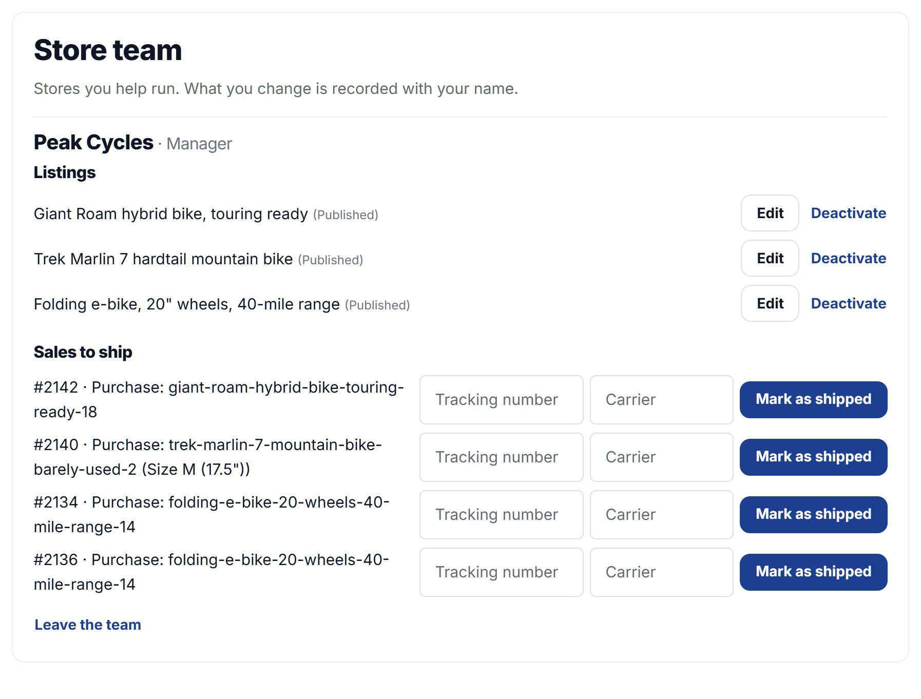 Store team, as a manager sees it: the store's listings and the sales to ship with tracking numbers