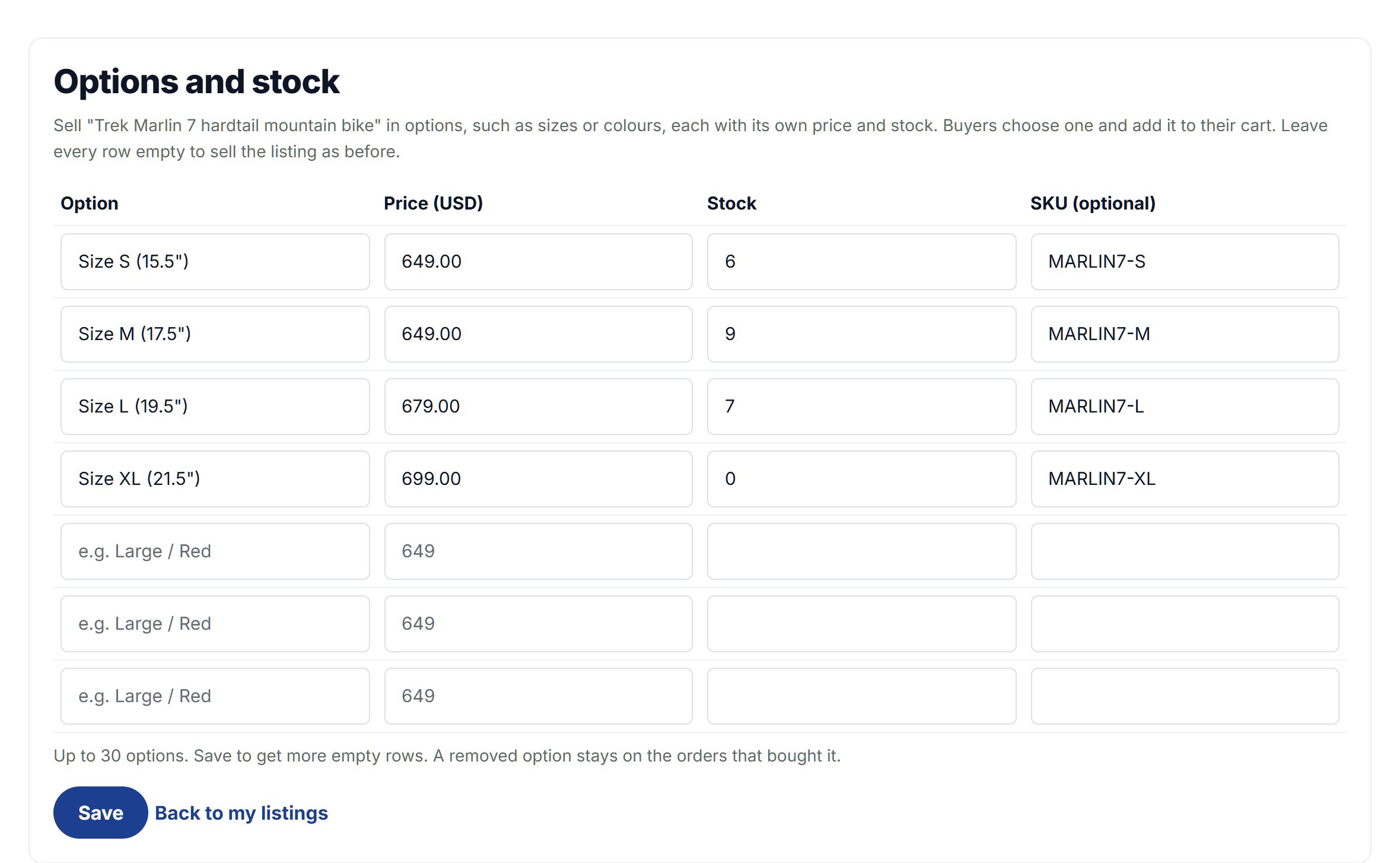 Options and stock for a bike: sizes S, M, L and XL with price, stock and SKU