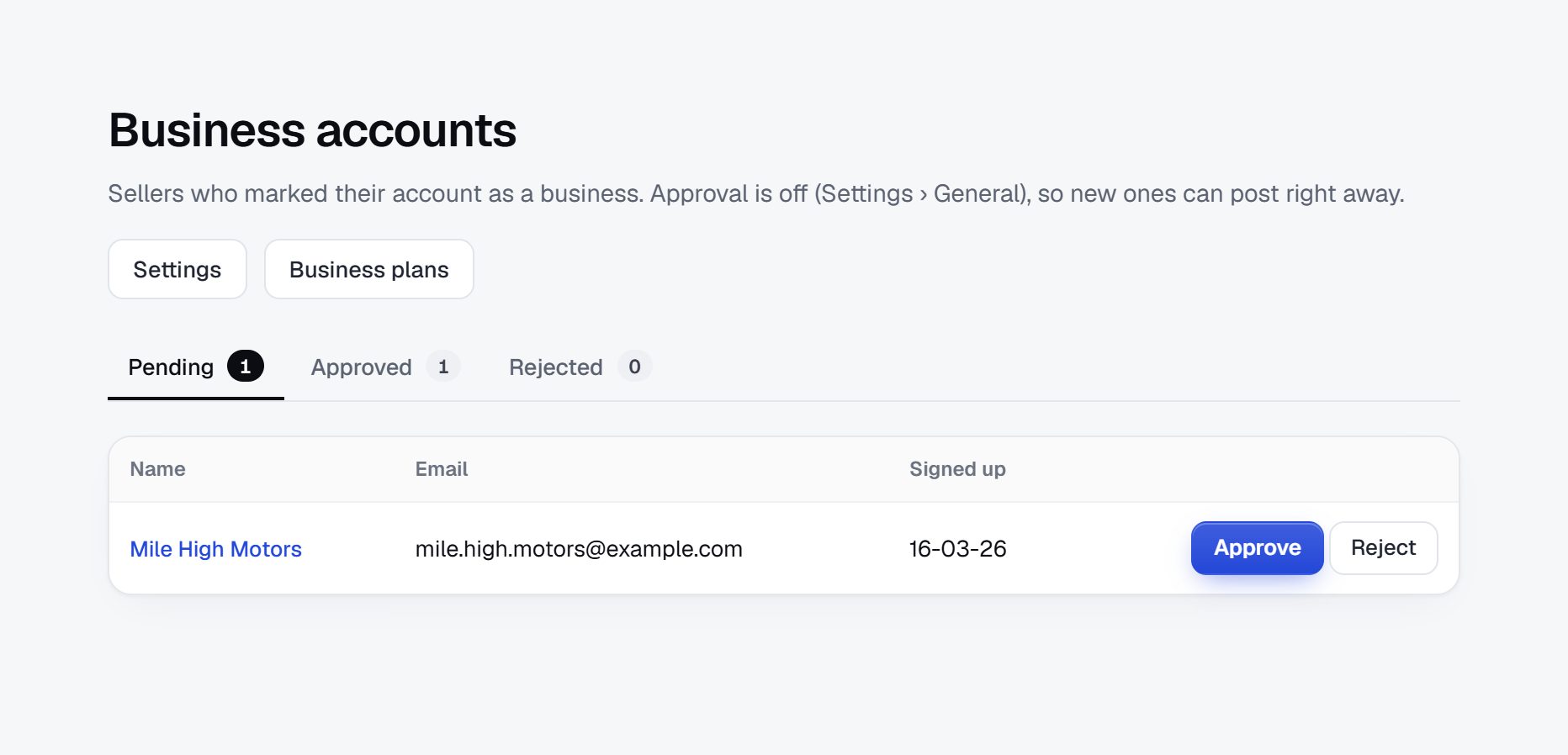 Business accounts waiting for approval
