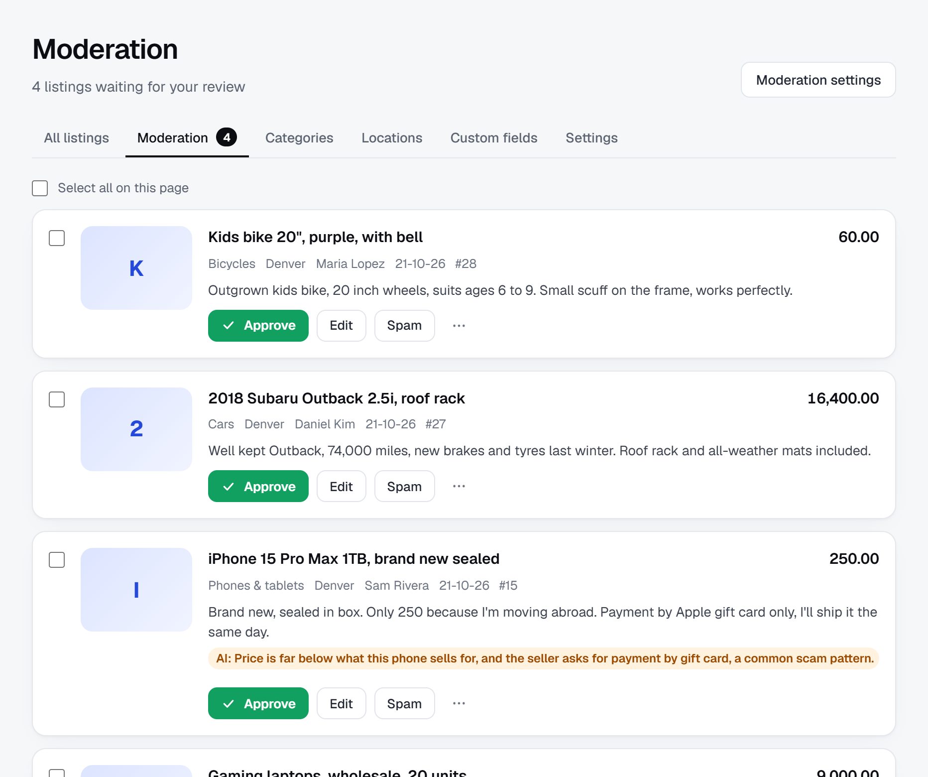 Moderation: four listings waiting, two of them held by the AI check with its reason