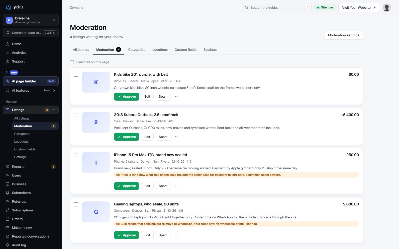The moderation queue: listings waiting for approval, two of them held by the AI check with its reason