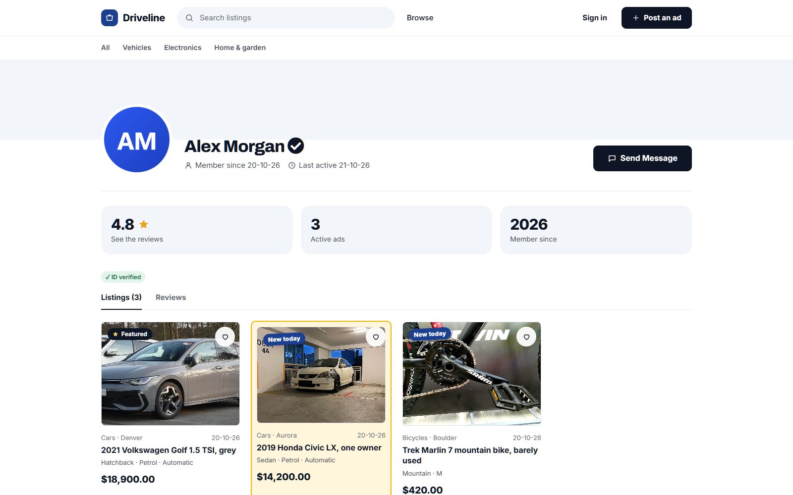 A seller's public profile, rated 4.8 with reviews