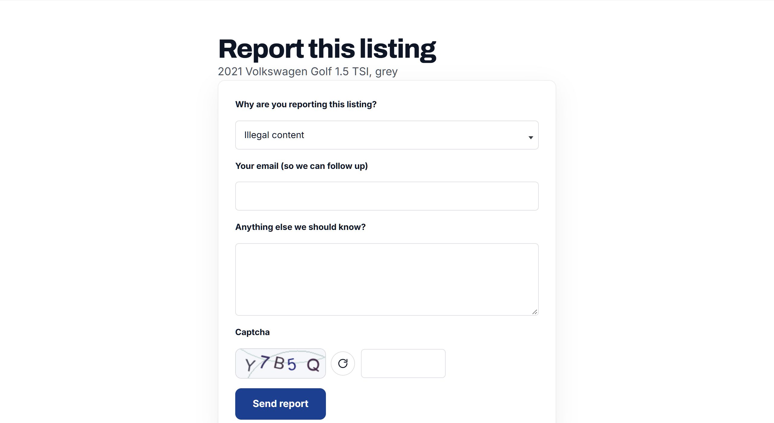 Report this listing: a reason, an email to follow up and details