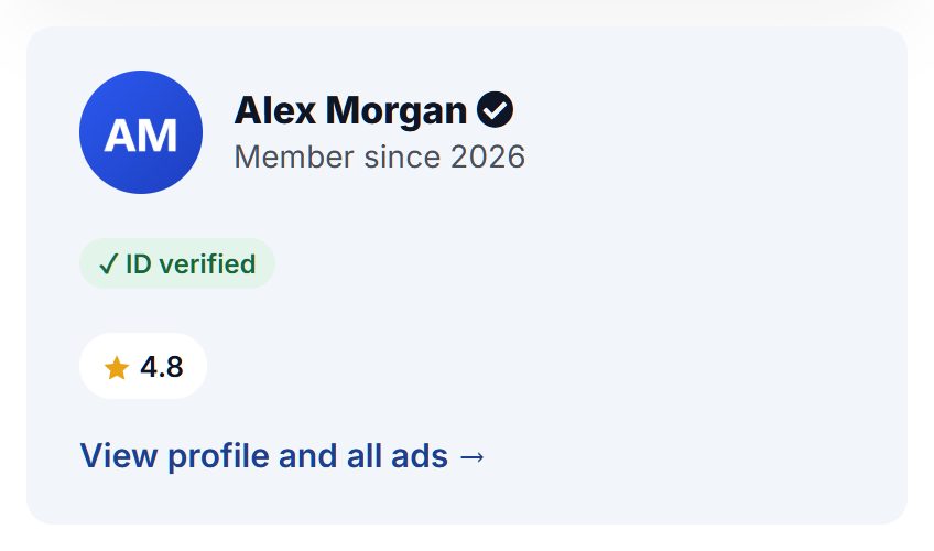A seller on a listing page: ID verified, rated 4.8
