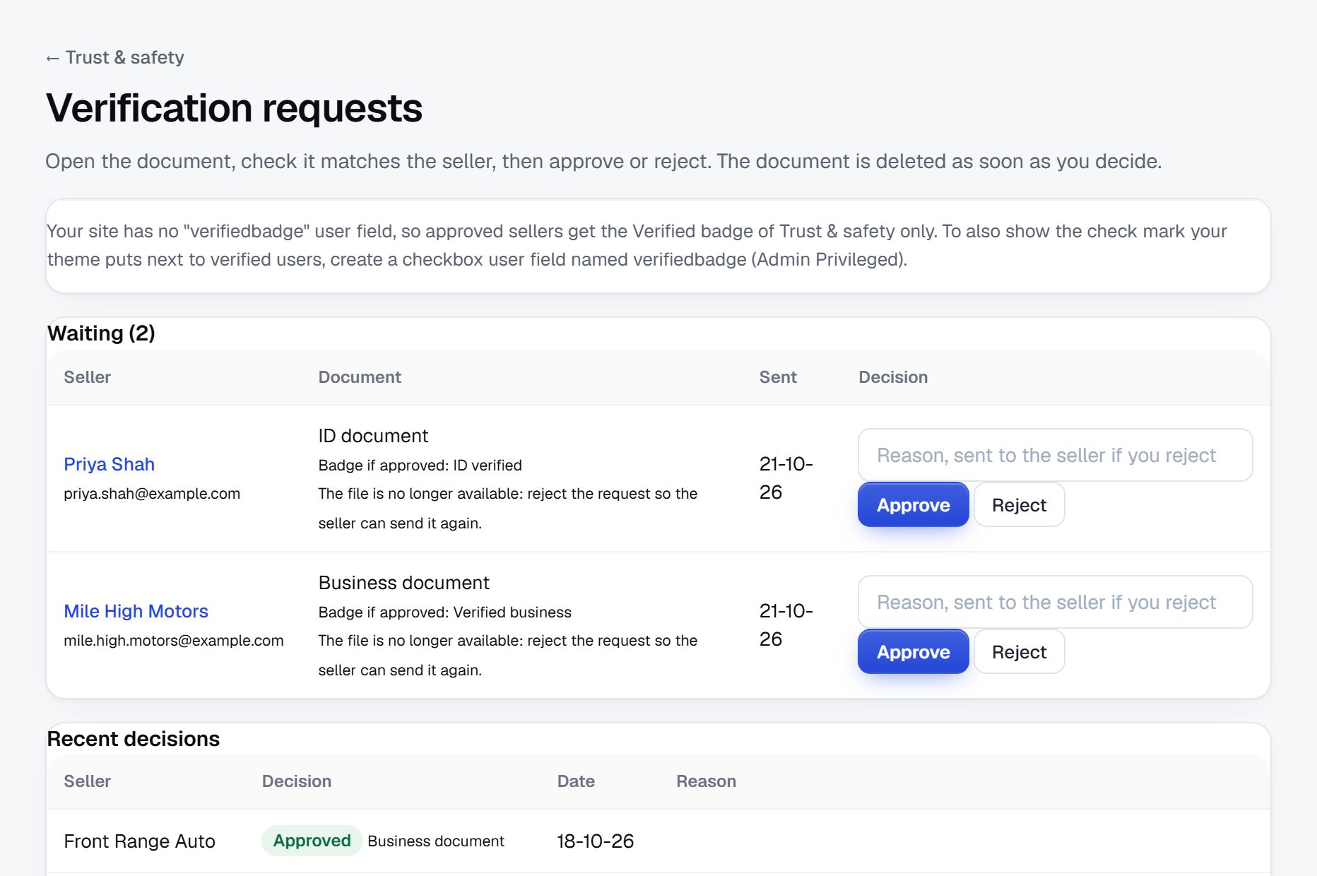 Verification requests waiting, and recent decisions