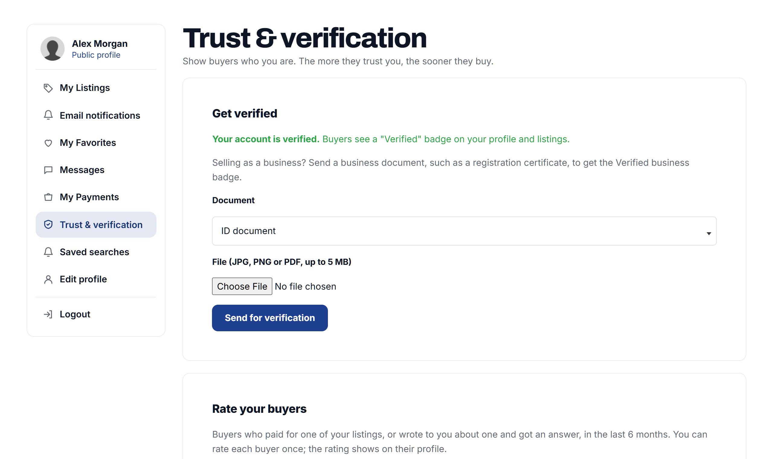 Trust and verification in the seller's account: send a document to get verified