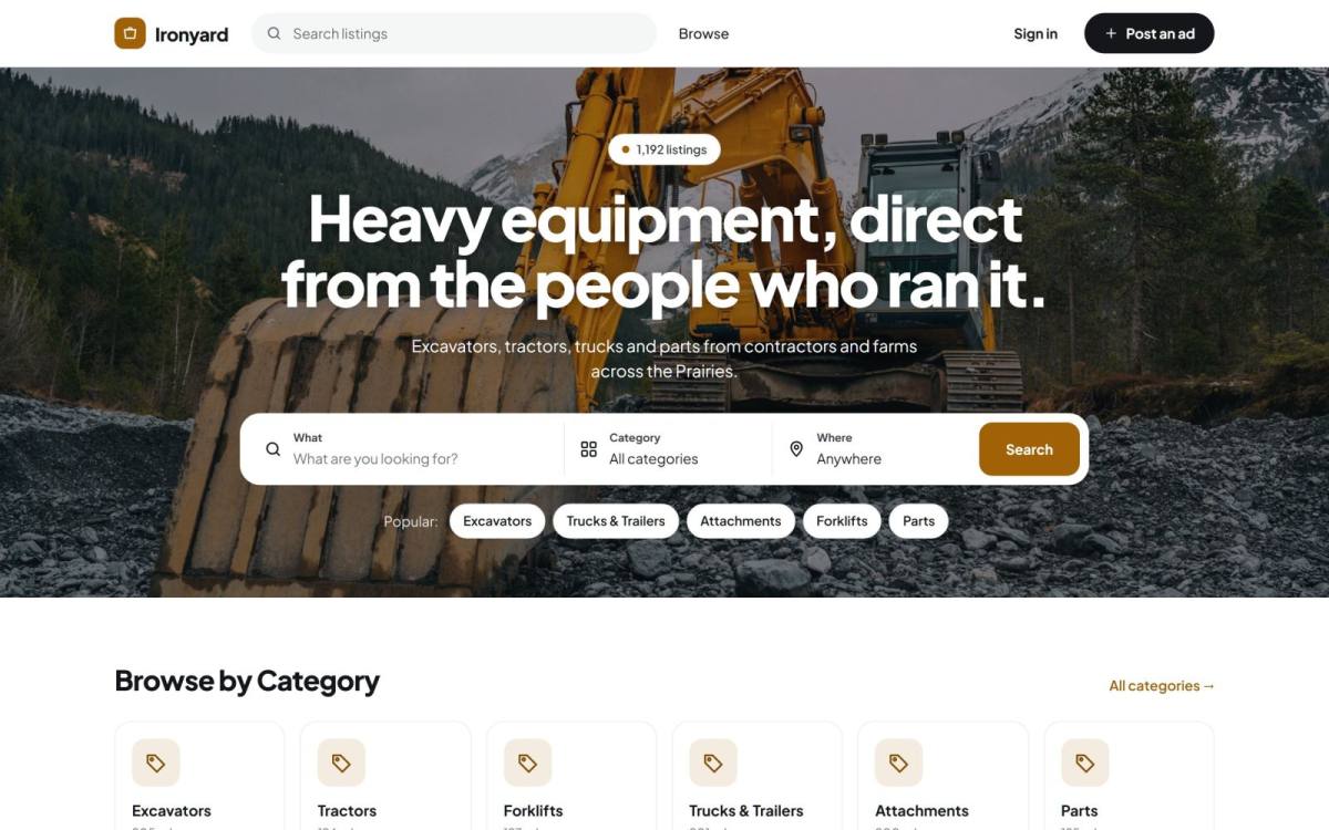 An example equipment marketplace home page on Yclas