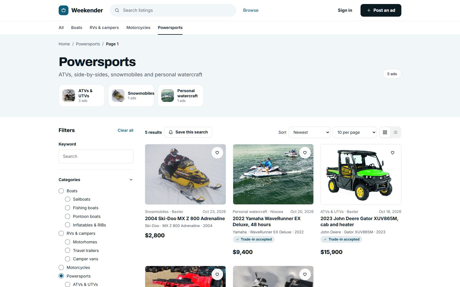 ATV search results on Weekender, a demo marketplace made with Yclas
