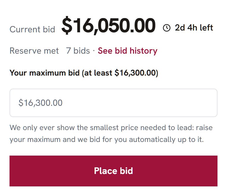 The bid box: current bid, time left, reserve met and the smallest maximum bid accepted