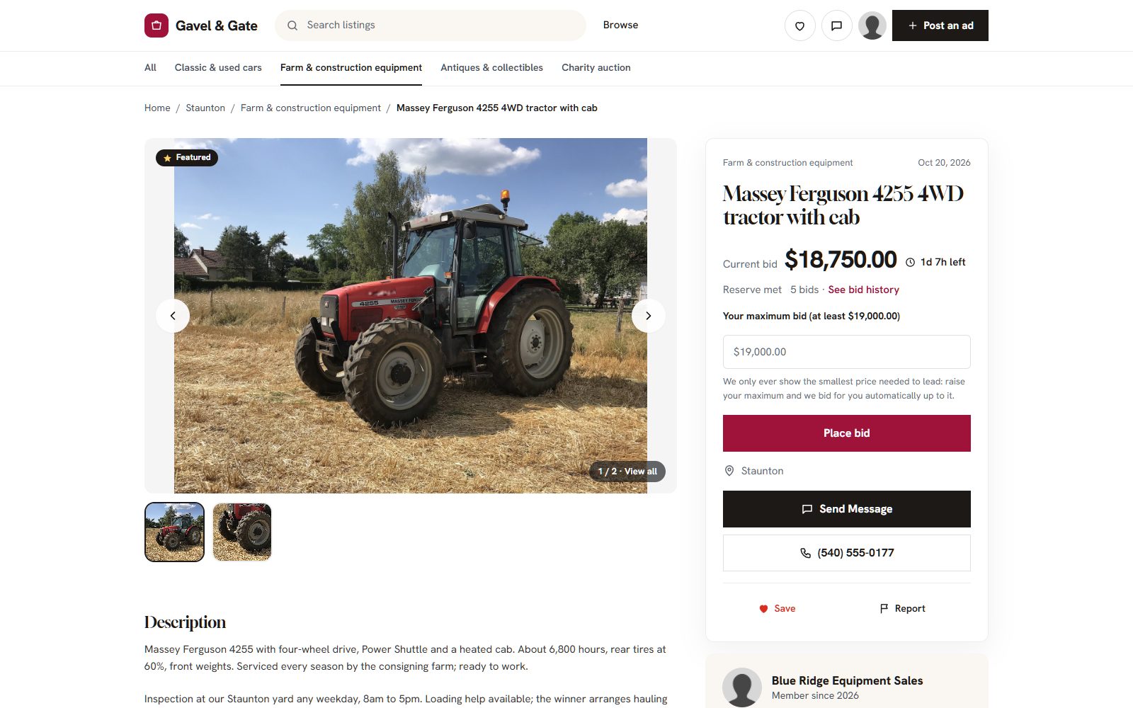 A machine in a timed auction on Gavel & Gate, a demo auction site made with Yclas