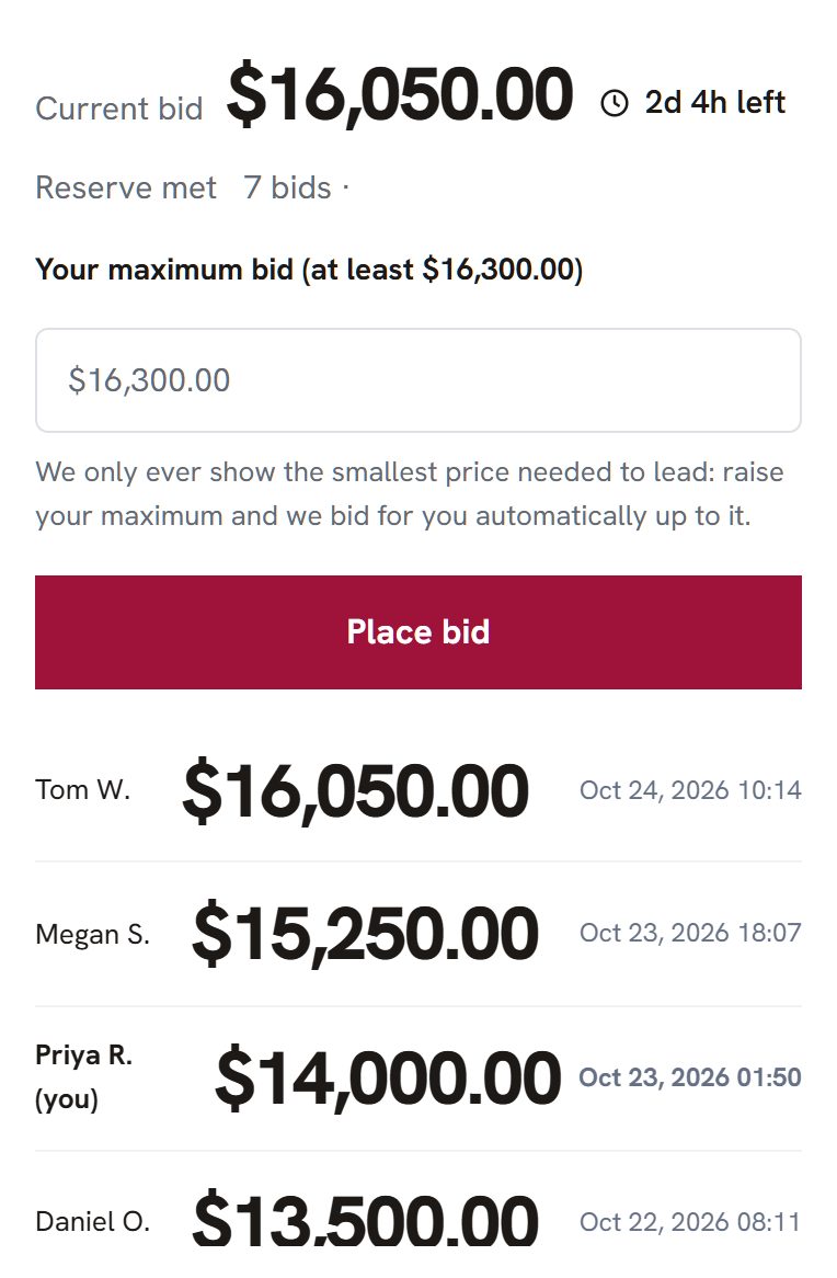 An auction's bid history with bidders shortened to a first name and initial