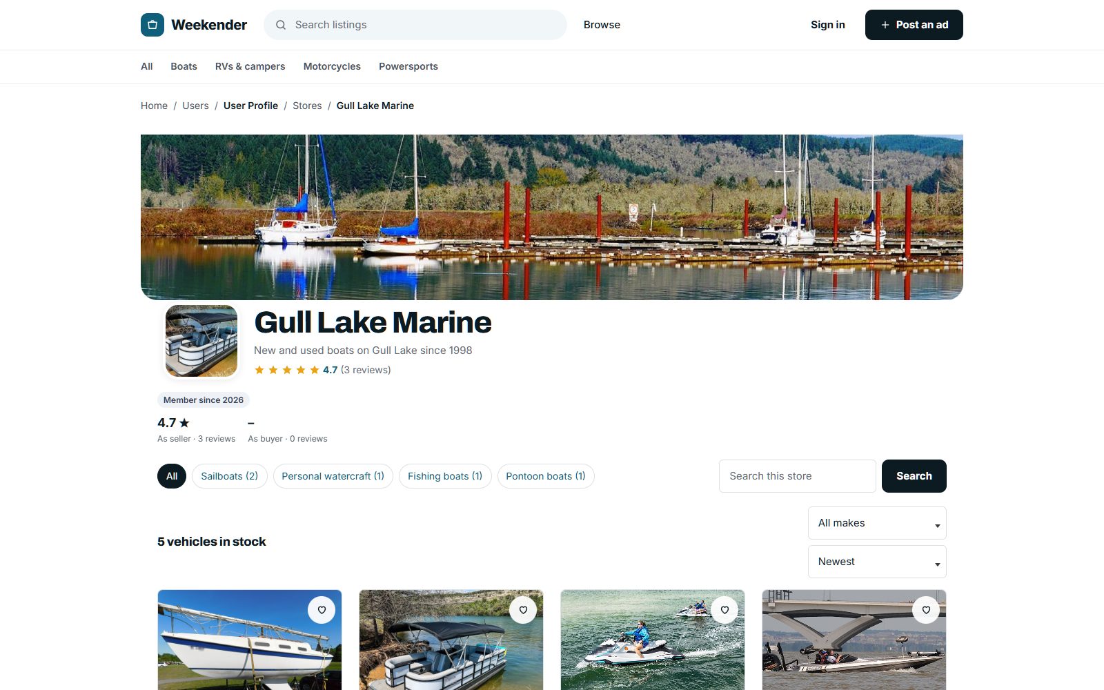 A boat dealer's page with their stock