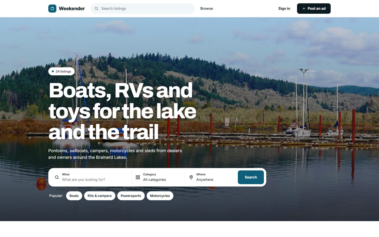 The home page of Weekender, a demo boat marketplace made with Yclas