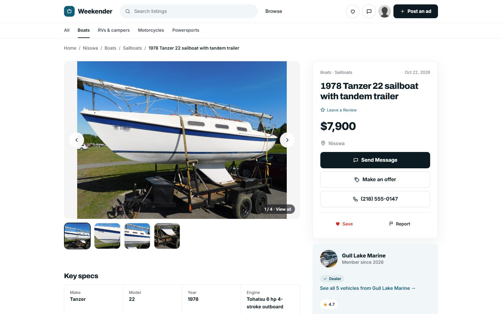 A boat listing with photos, price, specs and the seller
