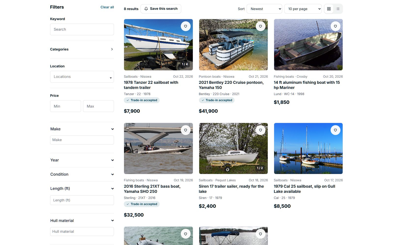 Boat search results filtered by length and engine hours