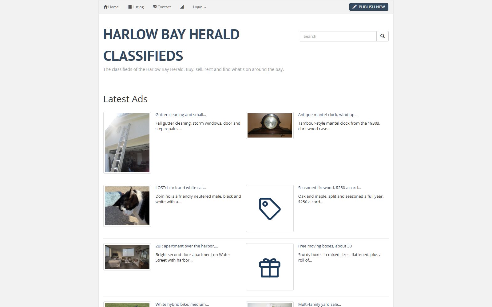 A text-dense classifieds home page made with Yclas: categories in columns and the newest listings