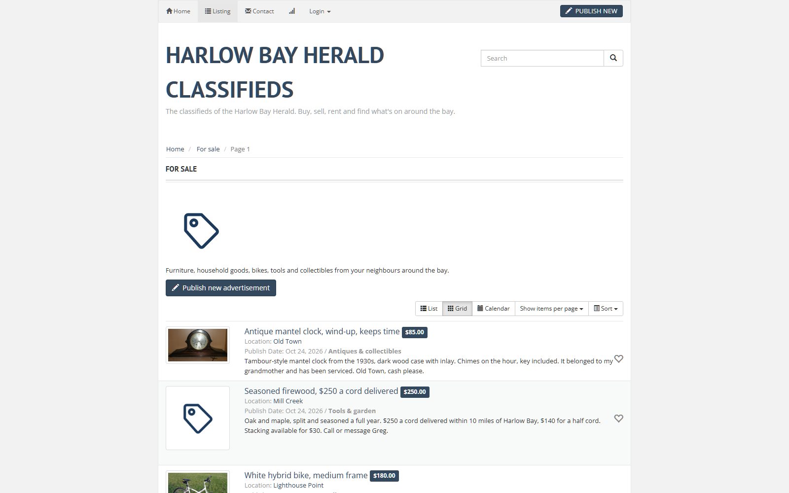 A category page in a text-dense layout: titles, prices and places, newest first