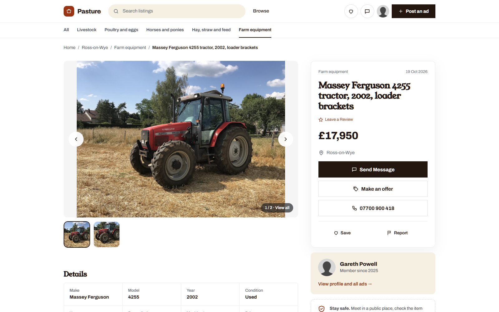 A tractor listing on a farm marketplace