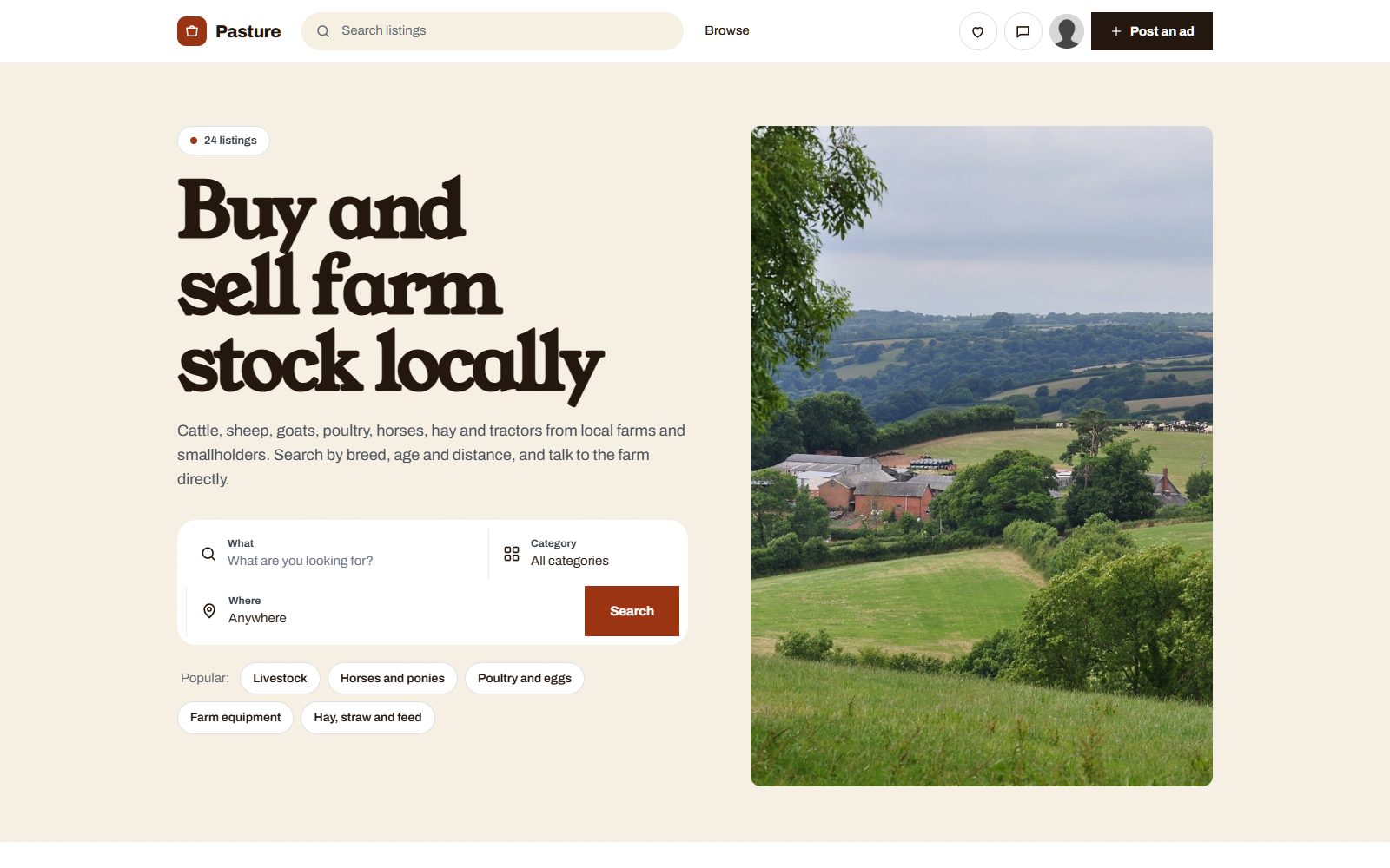 The home page of Pasture, a demo livestock marketplace made with Yclas