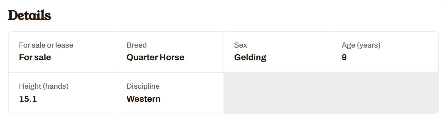 A horse's details: breed, height in hands, age and discipline