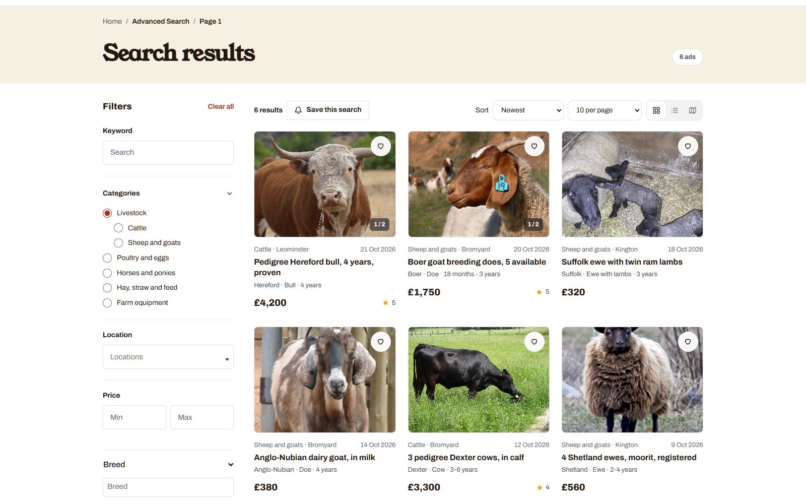 Livestock search with filters